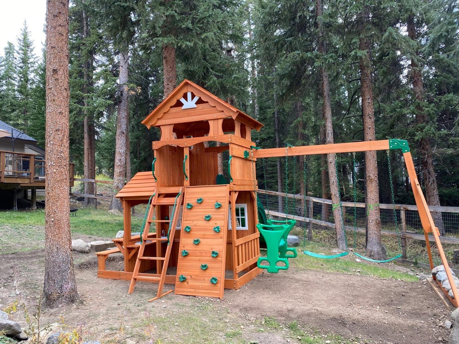 Backyard Discovery Shenandoah Cedar Wood Swing Set with Wave Slide, Raised Clubhouse, Playhouse, Play Kitchen, Belt Swings, Trapeze, Rock Wall, Ladder, Picnic Table, Full Door, Outdoor Playset customer photo 2