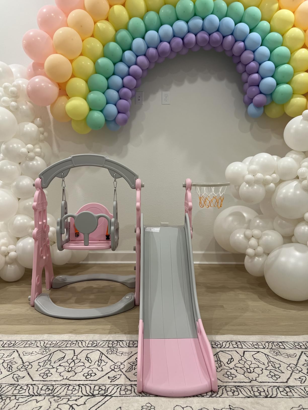 KORIMEFA 4 in 1 Toddler Slide and Swing Set, Kids Climber Slide Playset with Basketball Hoop Playground Swing Set for Indoor Outdoor Backyard Age 1-3 (4 in1-Gray) customer photo 1